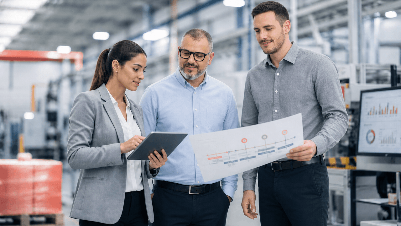 Equipo colaborando en planta con datos y documentación